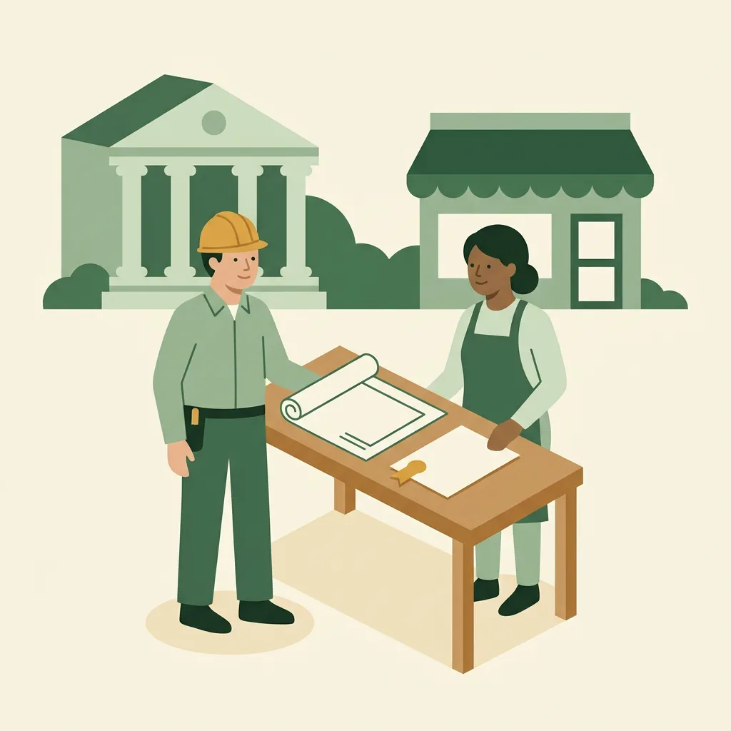 Illustration of a contractor with a rolled blueprint and a shop owner reviewing a blank document at a counter, with a courthouse and storefront behind them.