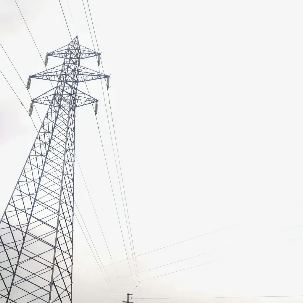 A steel transmission tower supports overhead power lines on long insulator strings.