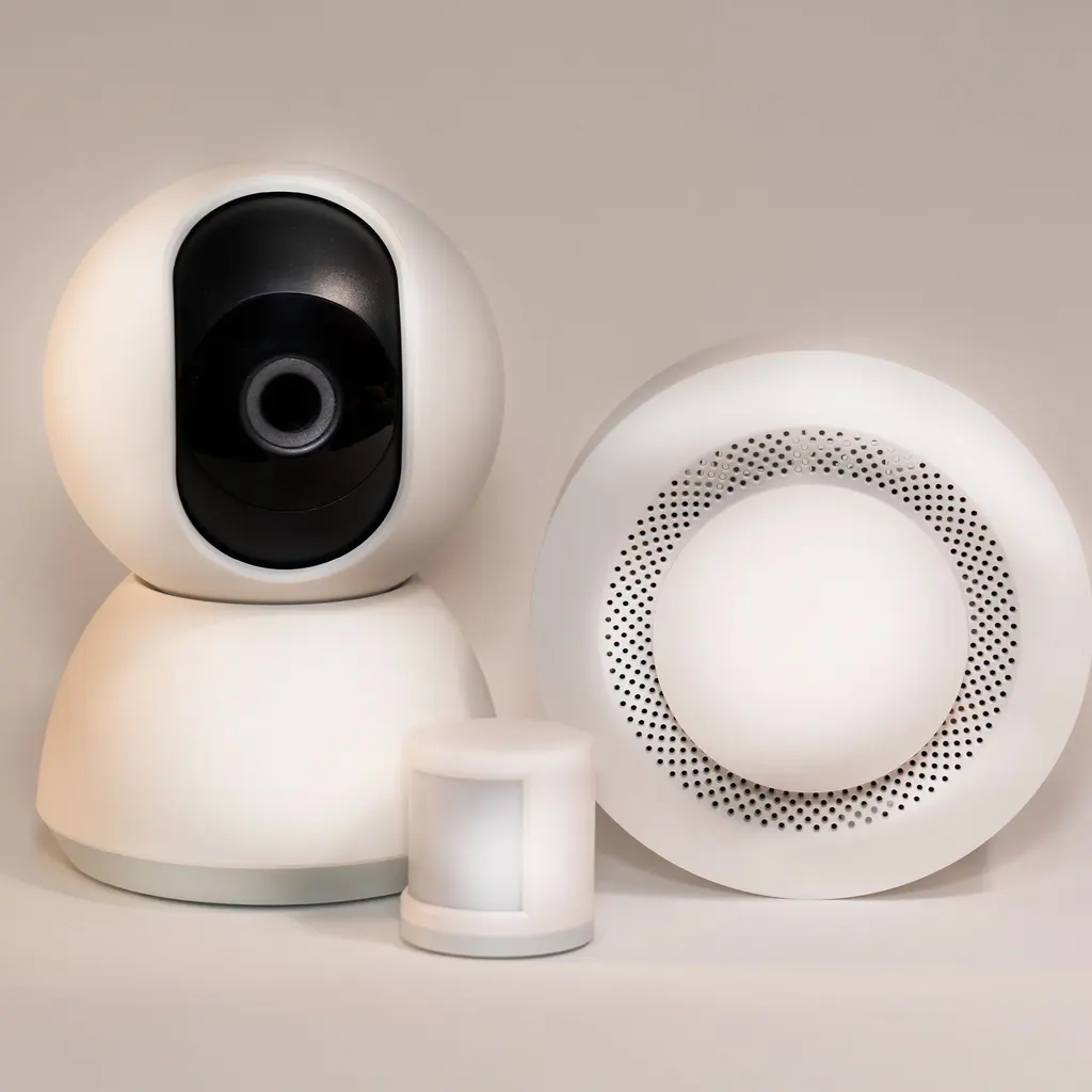 Camera, motion detector and round alarm unit form a modern wireless home security system.