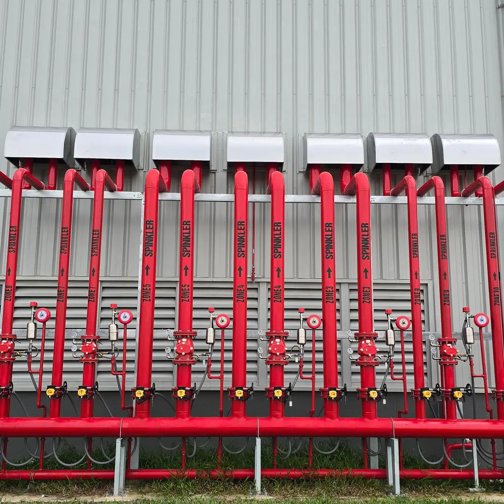 Red fire-sprinkler supply pipes and valves form a bank along an industrial exterior wall.