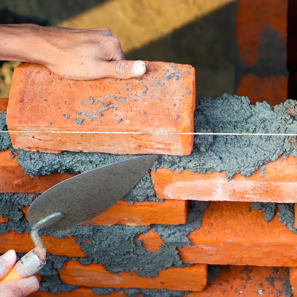 Hands bed an orange clay brick into fresh mortar with a masonry trowel.