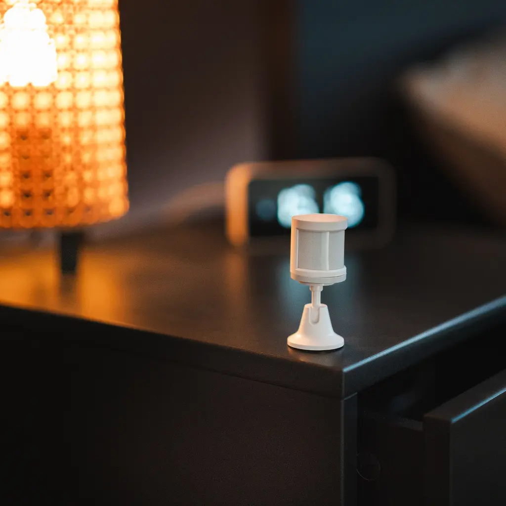 A compact smart motion sensor stands on a bedroom nightstand in front of blurred lighting.