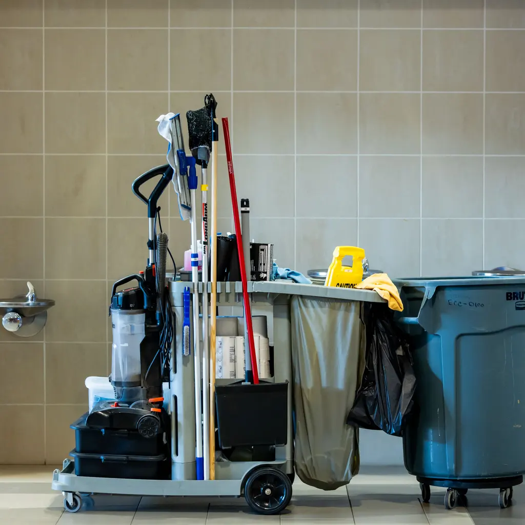 Professional janitorial cart holds cleaning tools, vacuum equipment and a large waste container.