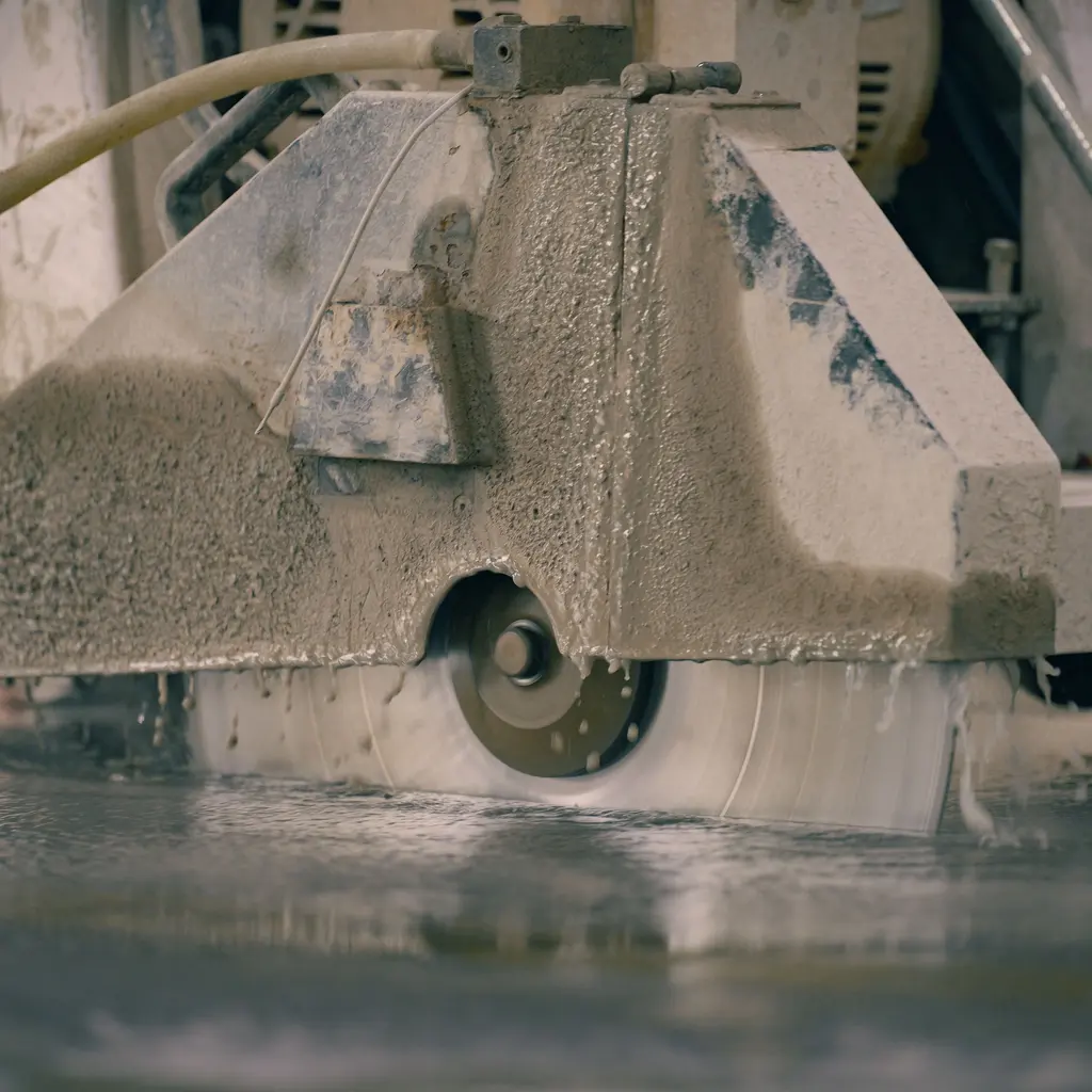A large wet-cutting concrete saw blade working across a slab.