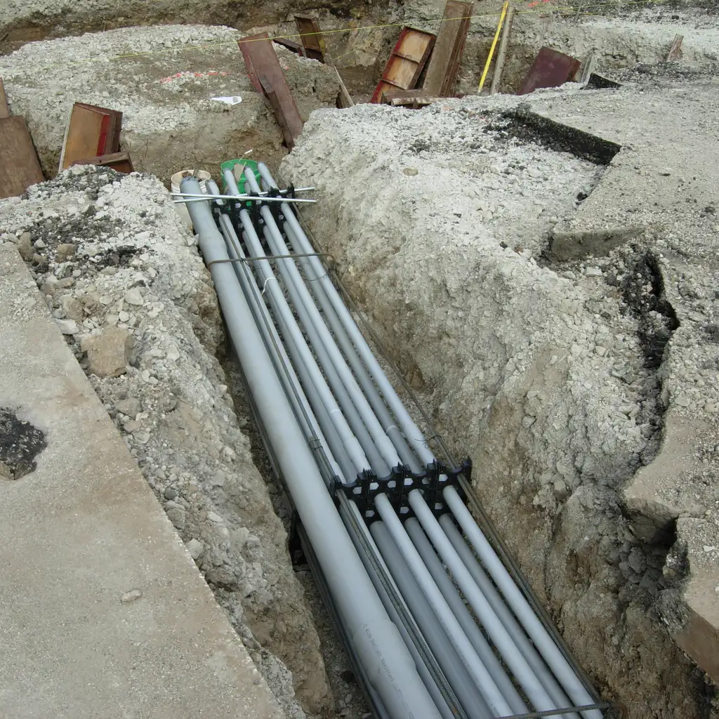 Parallel electrical conduits and duct-bank spacers run through an excavated trench toward a building site.