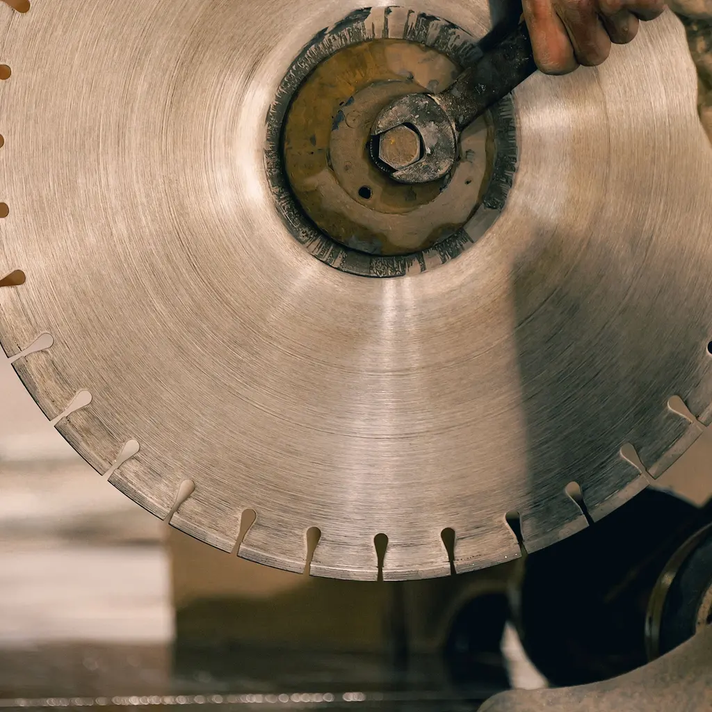 Segmented diamond cutting blade and central spindle on masonry-cutting equipment.