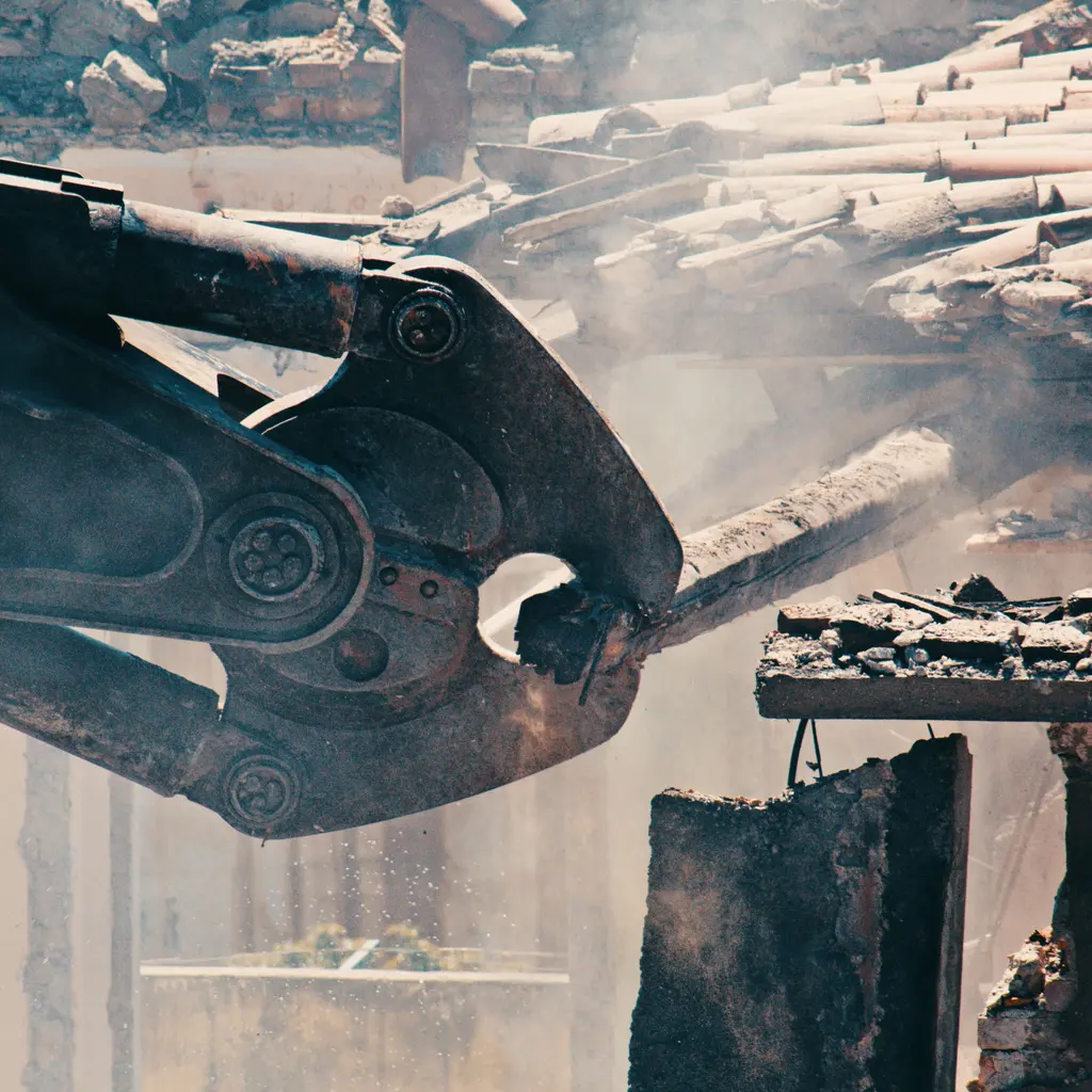 Hydraulic demolition attachment breaks into an old building through dust and exposed rubble.