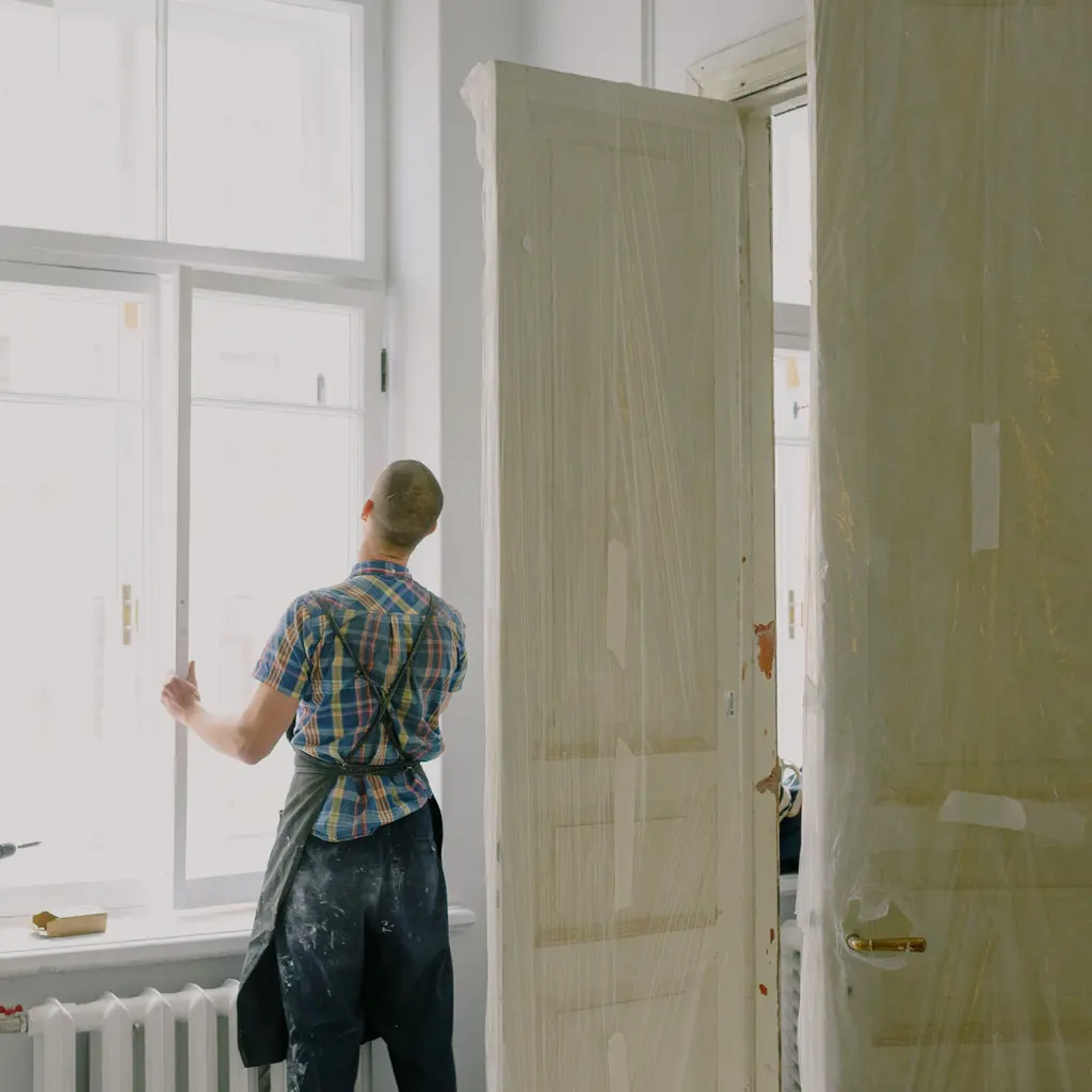 Back-facing installer fits a white window frame in an unfinished interior beside an open door.