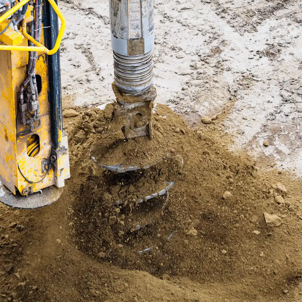 Large flighted earth auger bores through soil beside a mobile drilling rig.