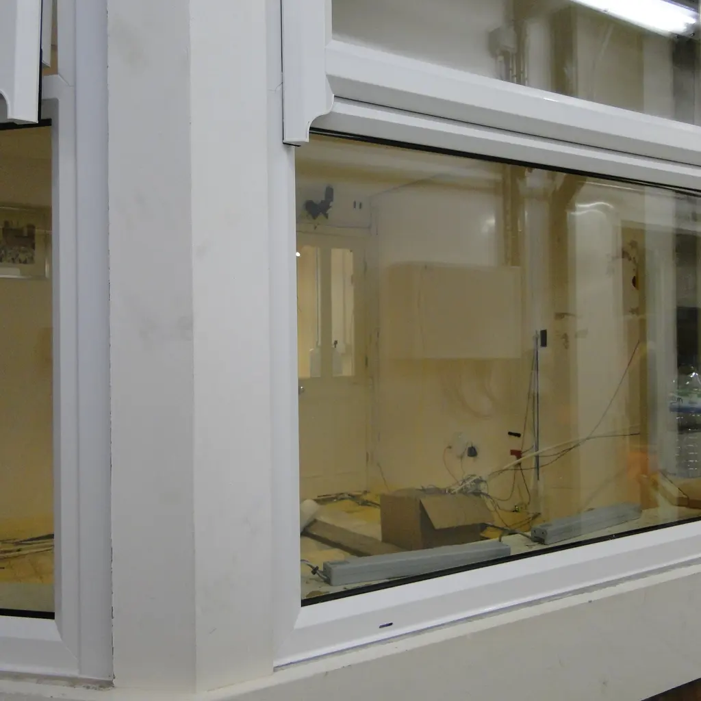 Replacement-window framing fitted into an existing wall during a building retrofit.