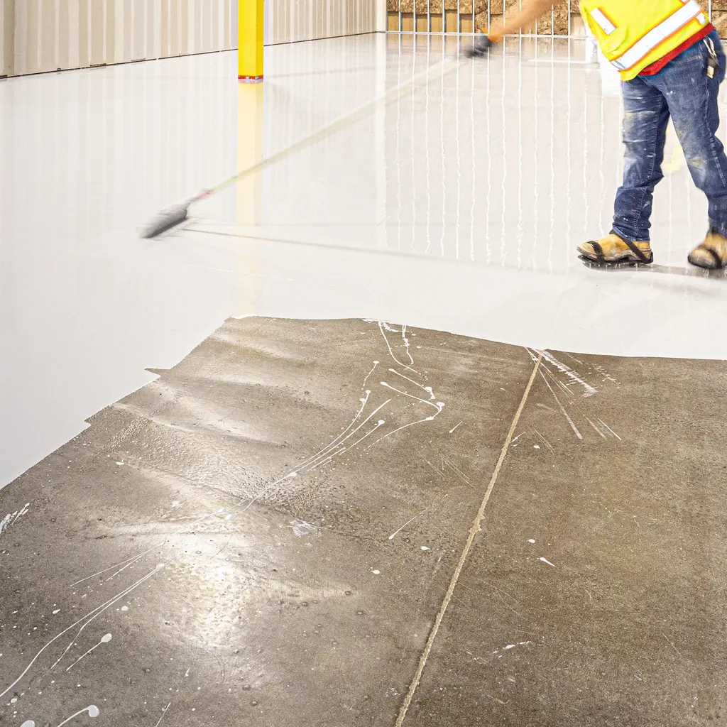 A worker using a long-handled roller to spread a smooth white floor coating over a concrete substrate.