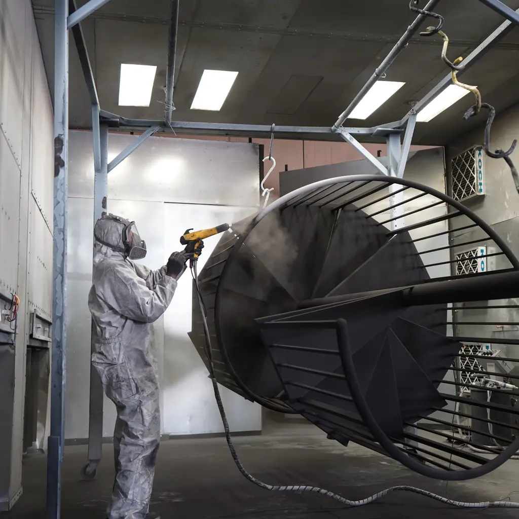A protected coating operator spraying a large metal assembly inside an industrial powder-coating booth.