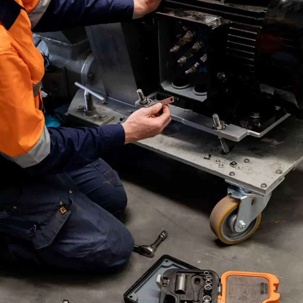 A maintenance worker’s hands using a wrench on an open industrial machine beside a compact tool kit.