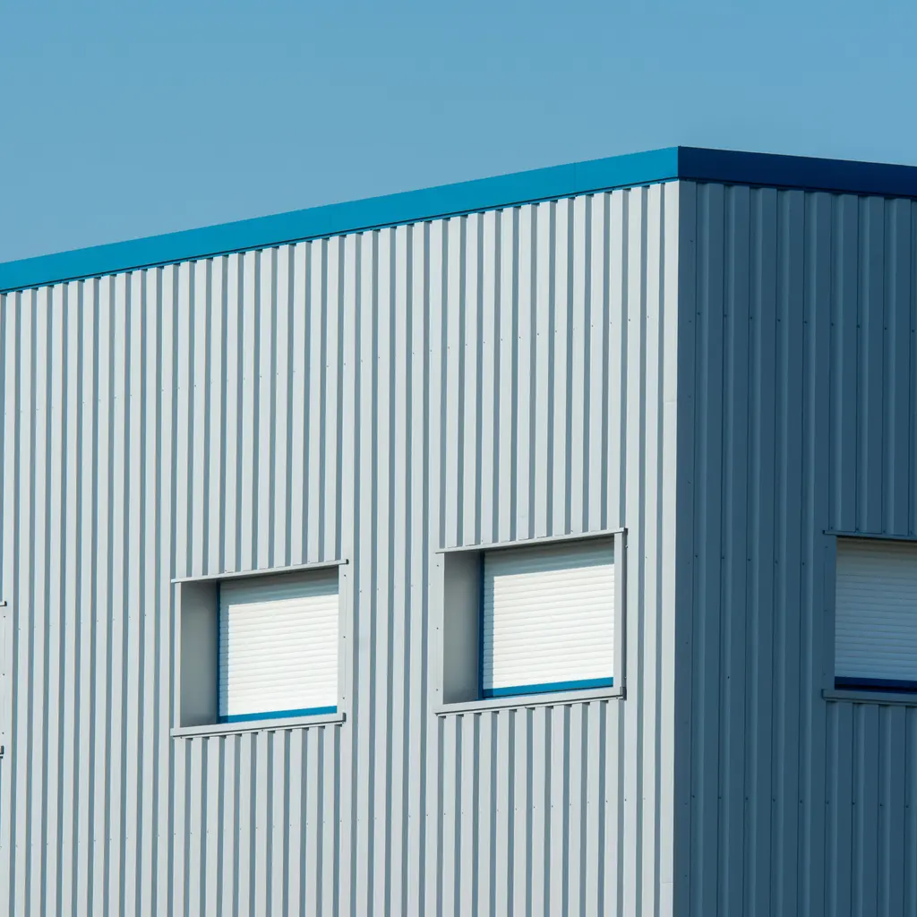 An industrial building clad in pale metal sandwich panels with aligned window openings and external roller blinds.