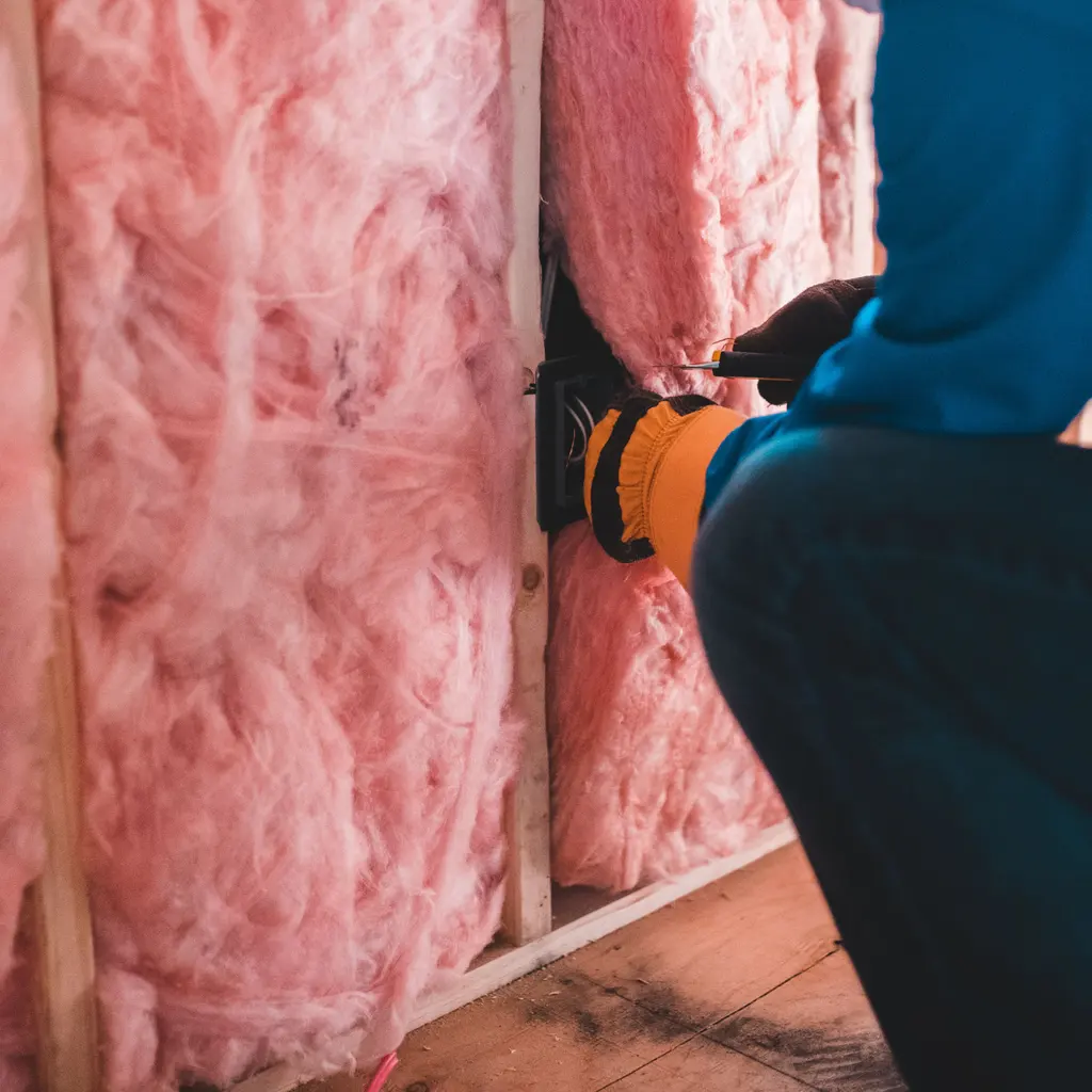 A worker’s gloved hands fitting pink insulation batts between exposed wooden wall studs.