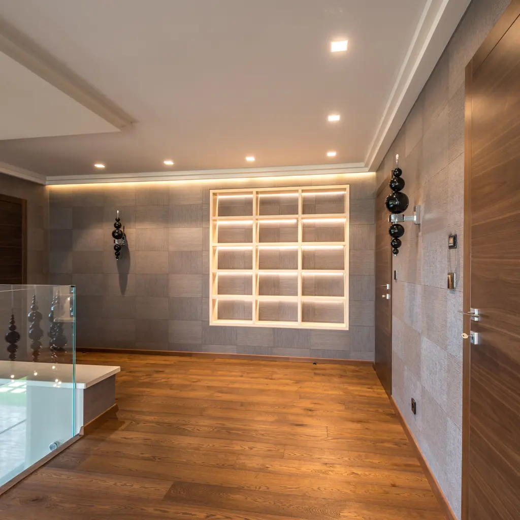A finished interior with fitted wood wall panels, built-in shelving and carefully detailed timber trim.