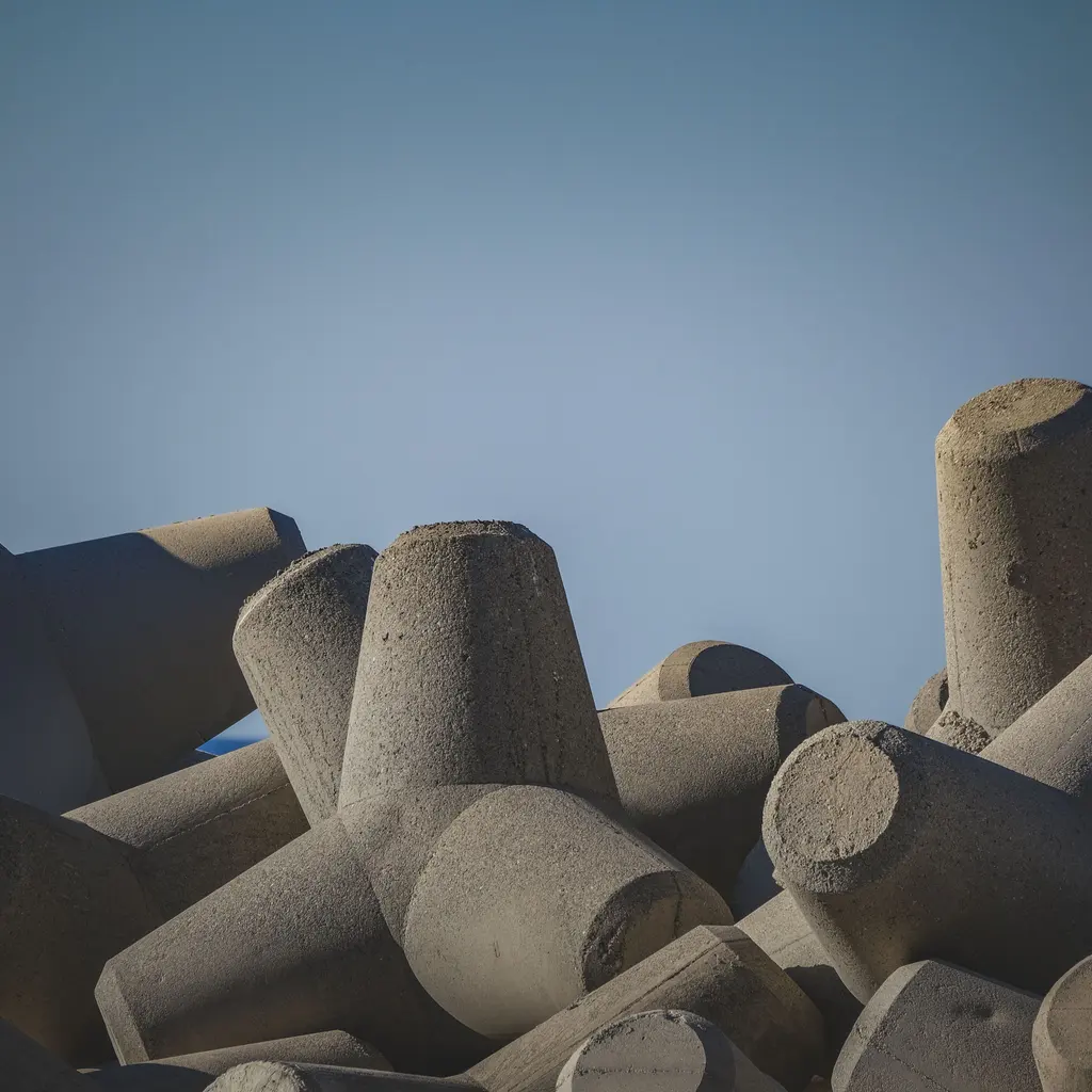 Large concrete tetrapod coastal-defense units stacked under a clear blue sky.
