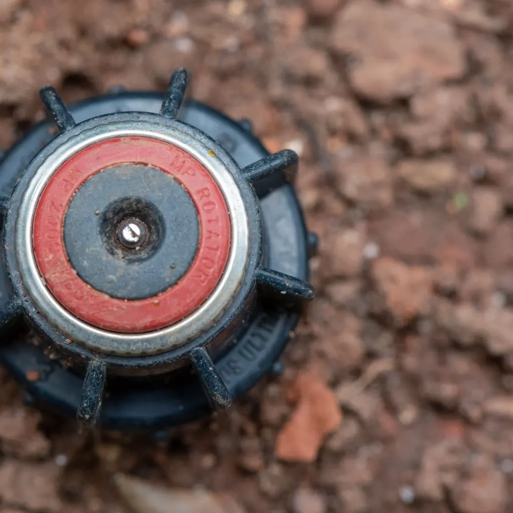 Close view of a circular garden sprinkler head set in bare soil.