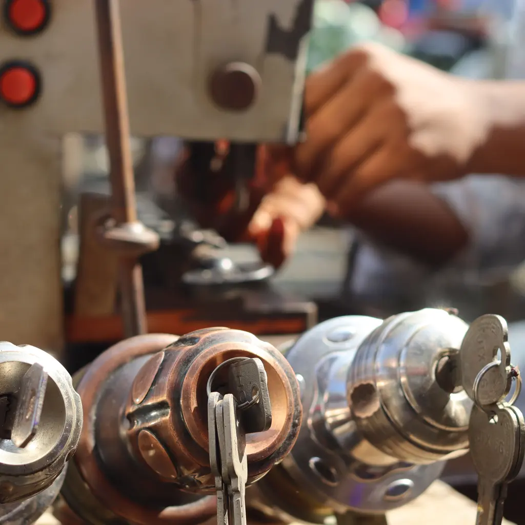 Locksmith’s hands working at a key-cutting machine behind rows of metal key blanks.