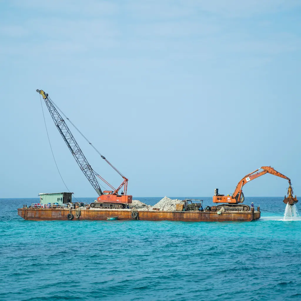 Crane and excavator working from a marine construction barge on turquoise water.