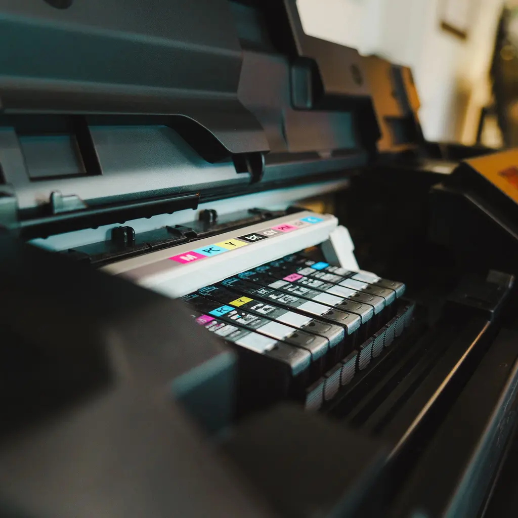 Open inkjet printer showing its accessible ink-cartridge bay and internal components.