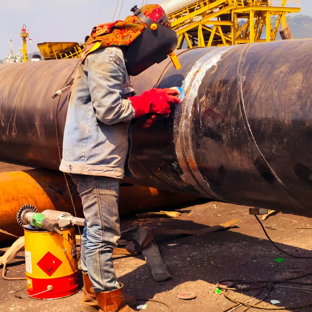 Helmeted field welder joining a large steel pipeline section at an industrial construction site.