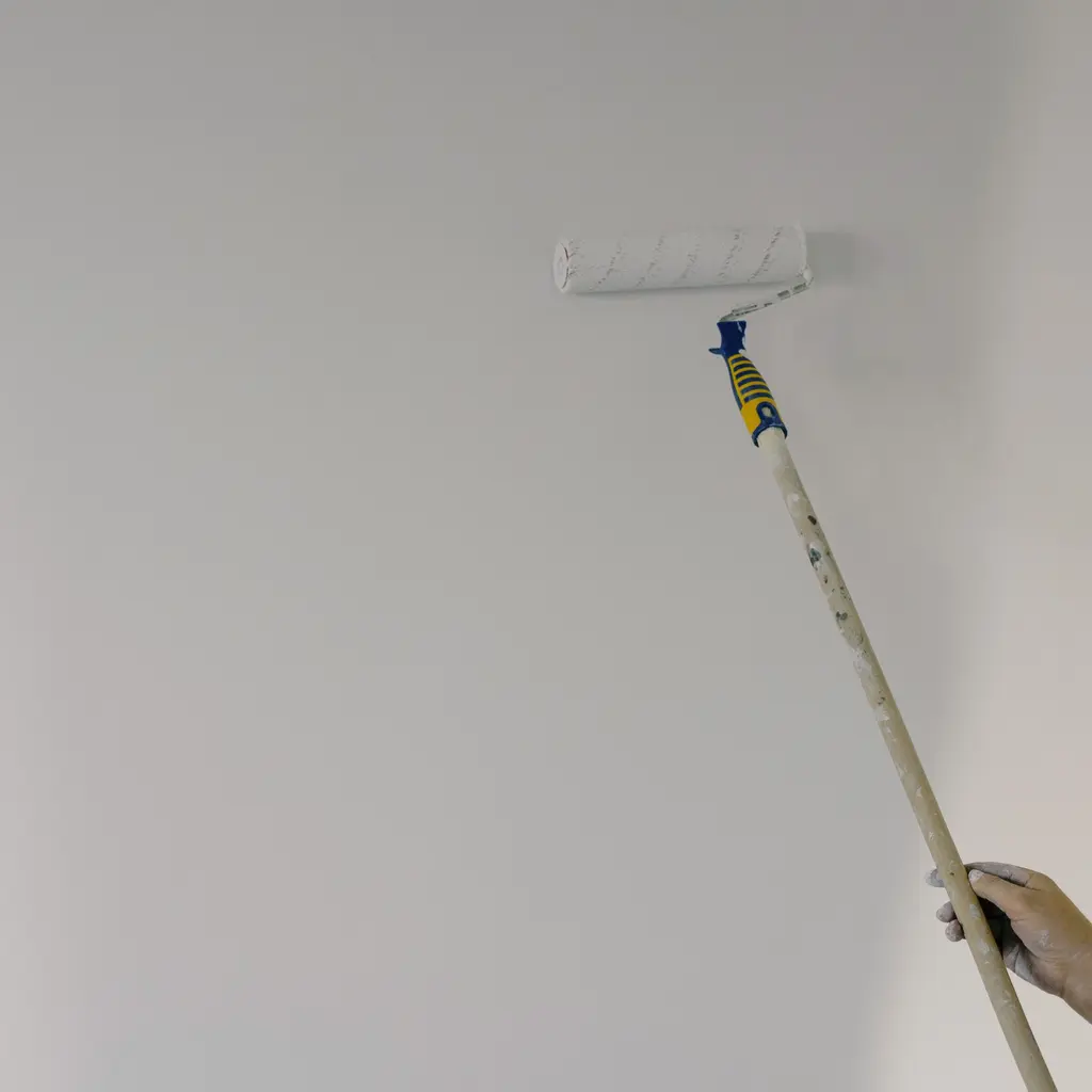 Paint roller applying a white finish coat to a wall, with a gloved hand on its extension pole.