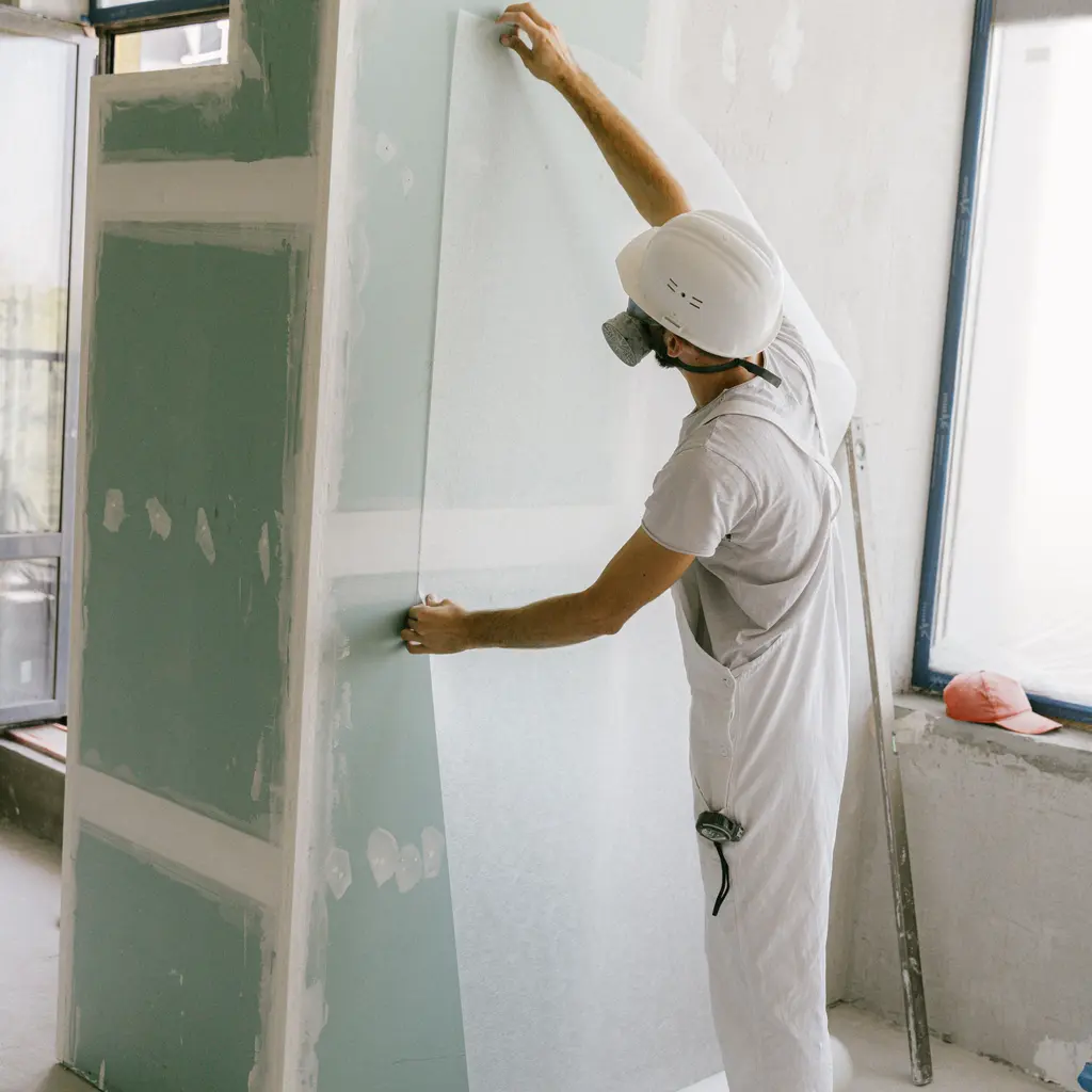 Masked worker holding a hanging length of wallcovering against an unfinished interior wall.