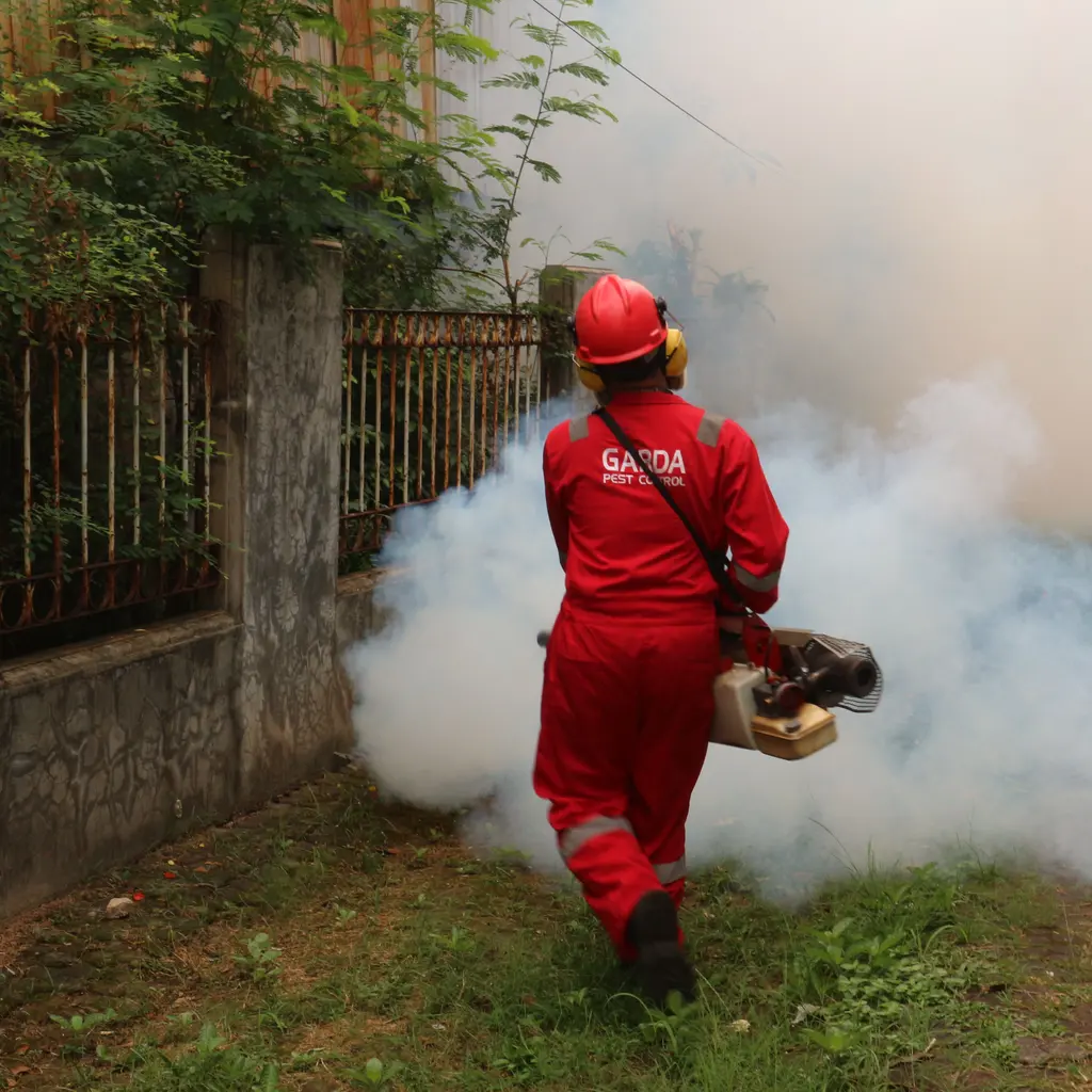 Pest-control worker seen from behind operating a portable fogging machine in an outdoor yard.