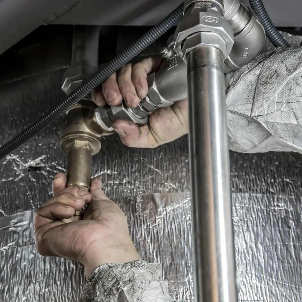 Hands fitting a metal pipe joint beneath a ceiling with other service pipes nearby.