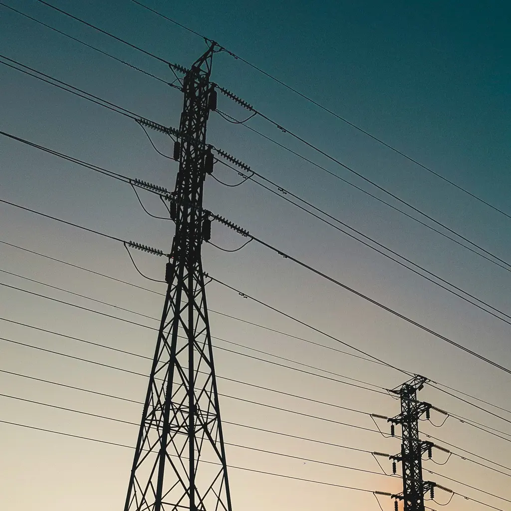 Steel electricity-transmission towers and suspended high-voltage conductors silhouetted against sunset.