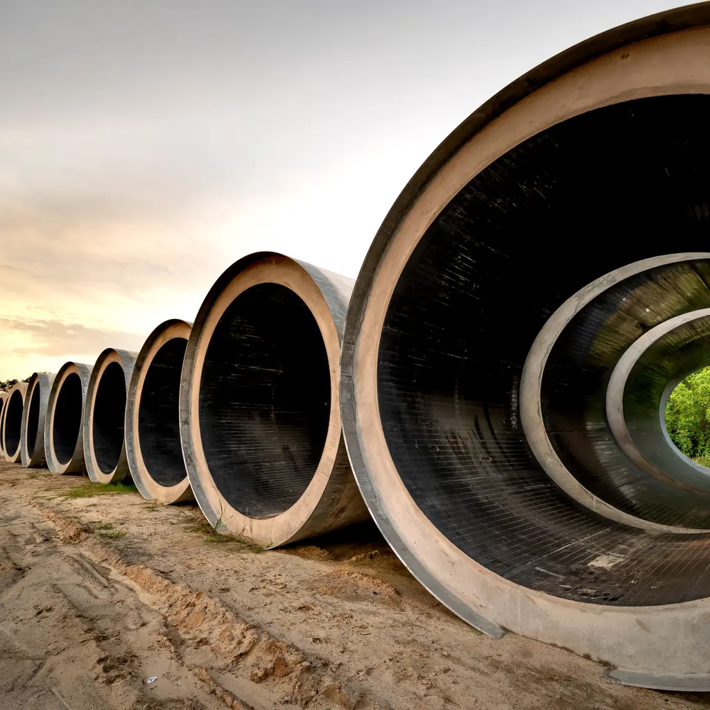 Rows of large precast concrete pipe sections with formed joints at a construction storage area.