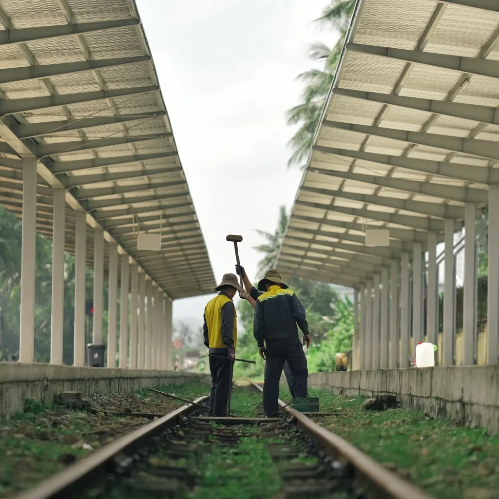 Railway maintenance workers viewed from behind standing on tracks with a long-handled track tool.