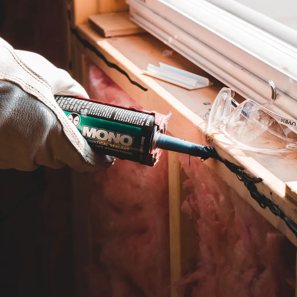Gloved hand applies a bead of sealant with a caulking gun around a window opening.