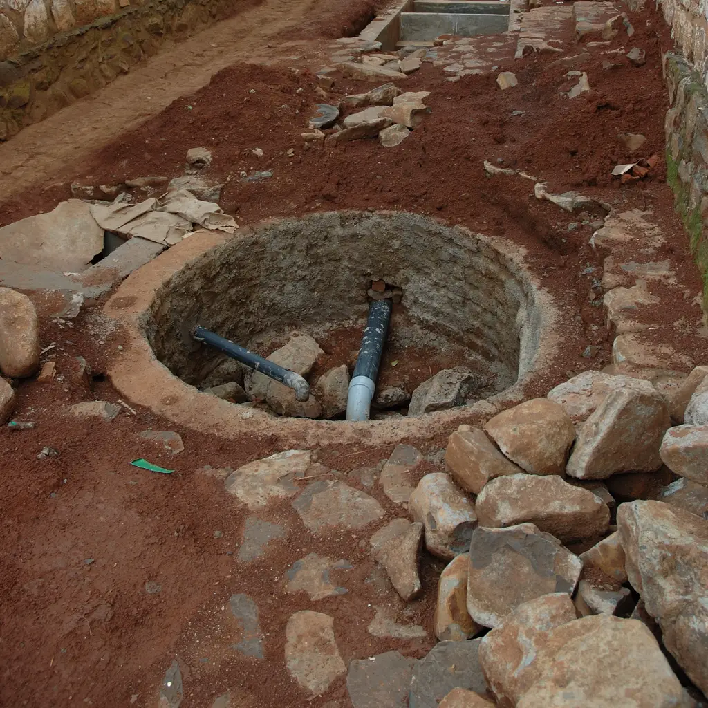 An open septic-system pit with connecting pipes inside an excavation.