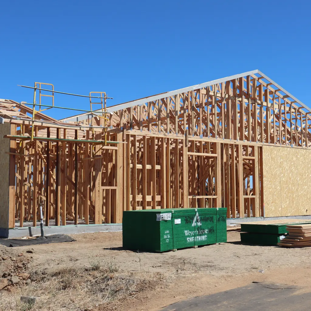 Wood wall framing and roof trusses form a single-family house under construction.
