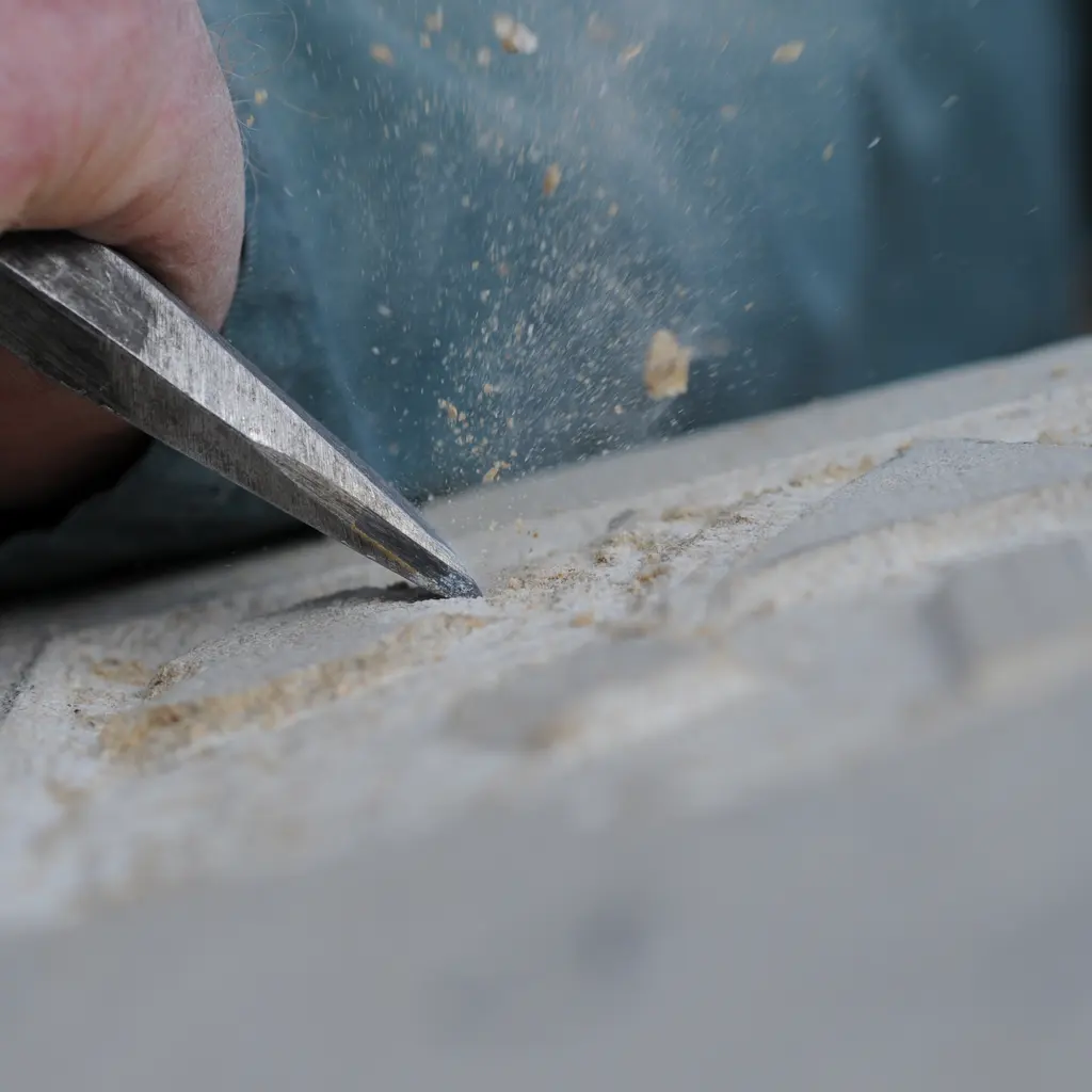 A hand-held stone chisel cuts a shallow architectural profile into a pale stone surface, leaving fine dust.