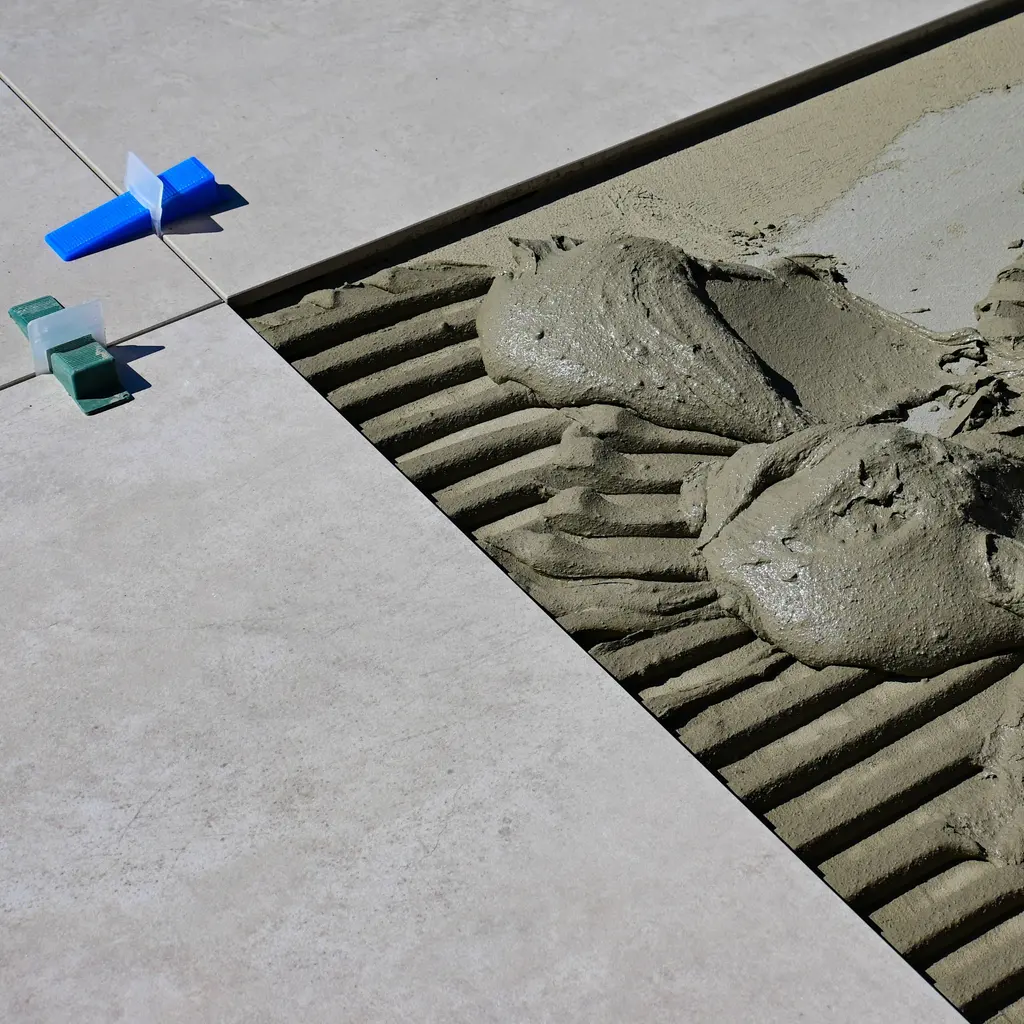 Floor tiles sit beside fresh mortar ridges and colored leveling spacers.