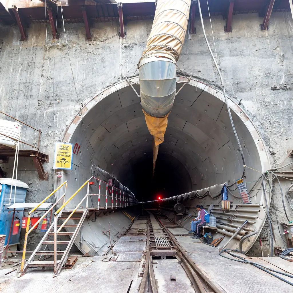 An active tunnel entrance with segmental lining, narrow-gauge tracks and a ventilation duct.