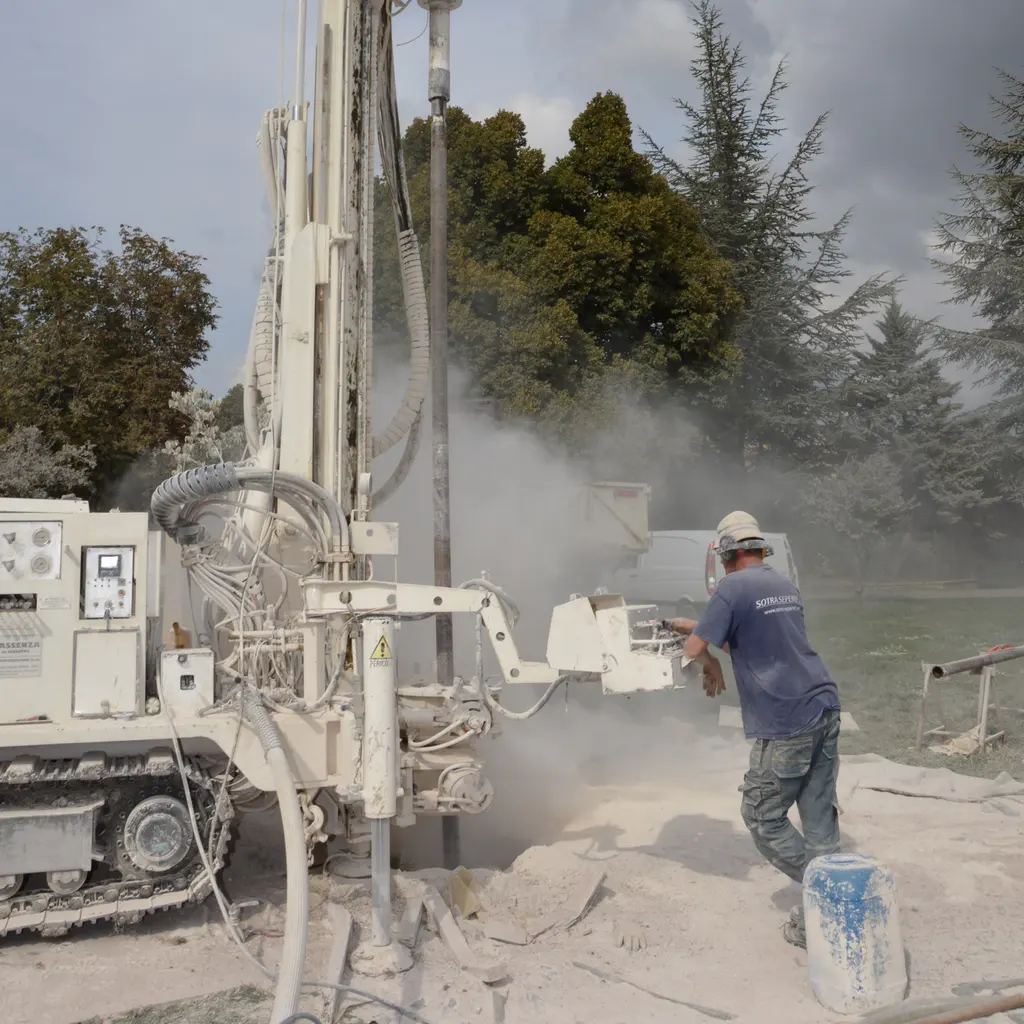 Groundwater drilling rig operates in a dusty outdoor work site beside a back-facing operator.