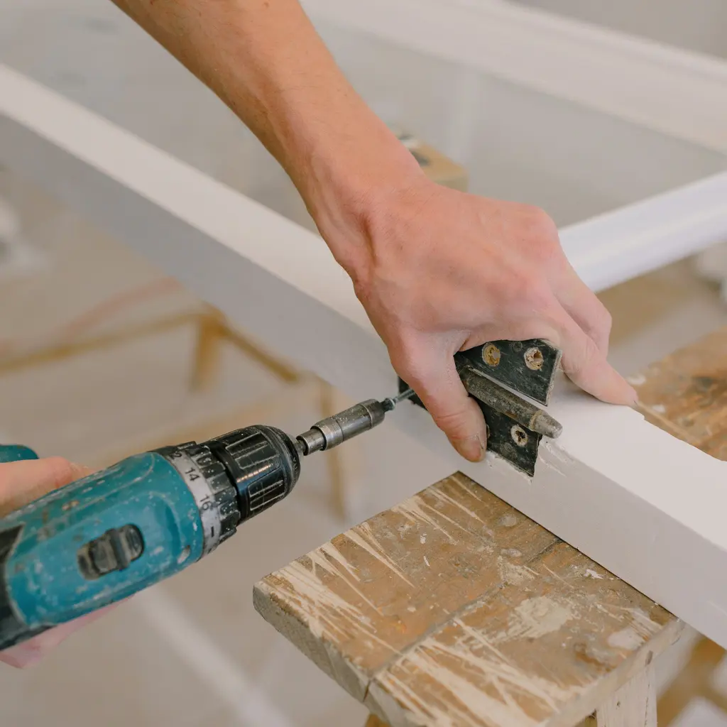 Hands use a cordless drill to secure a metal hinge to a white frame on a workbench.