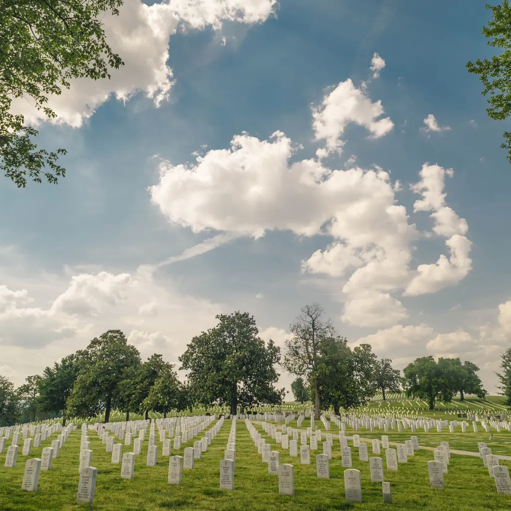 Rows of pale cemetery headstones cross a green lawn beneath trees and a partly cloudy sky.
