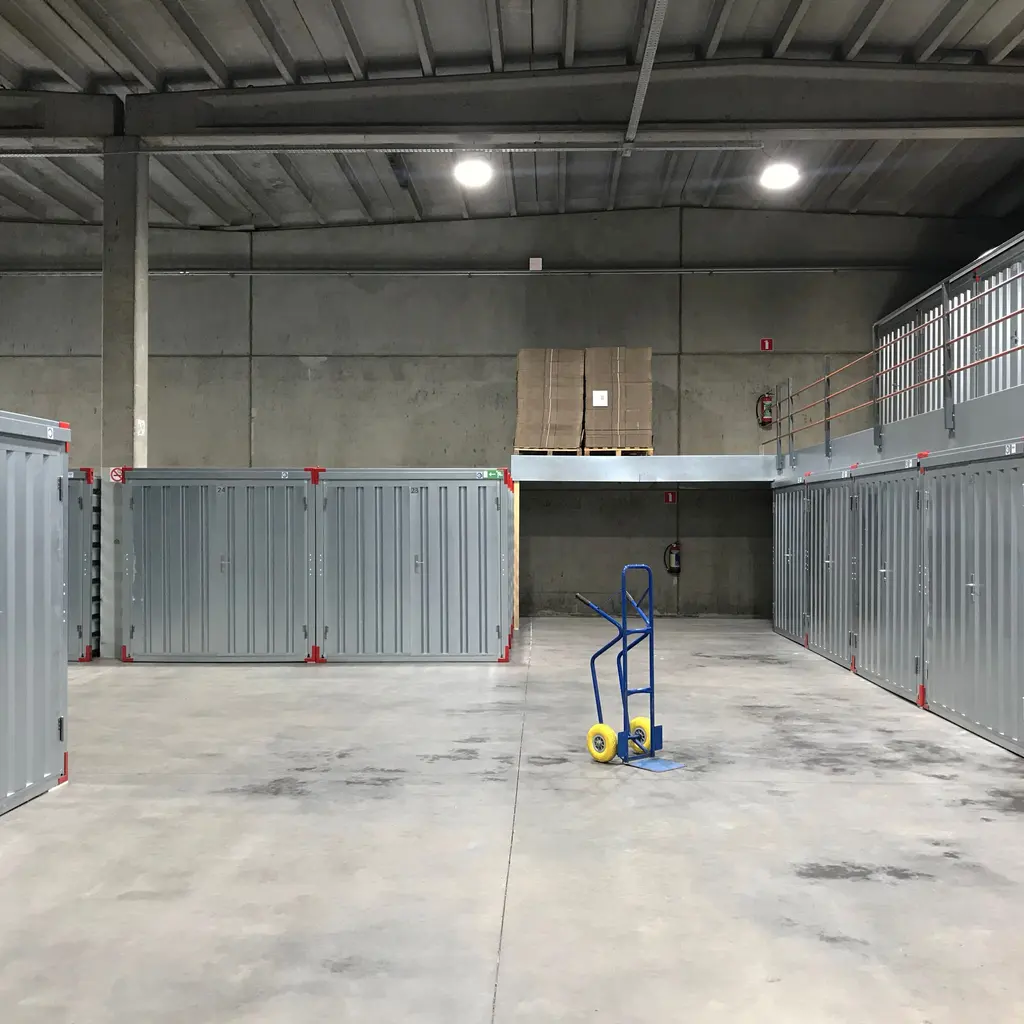 Metal storage compartments and a blue hand truck in an indoor storage aisle.