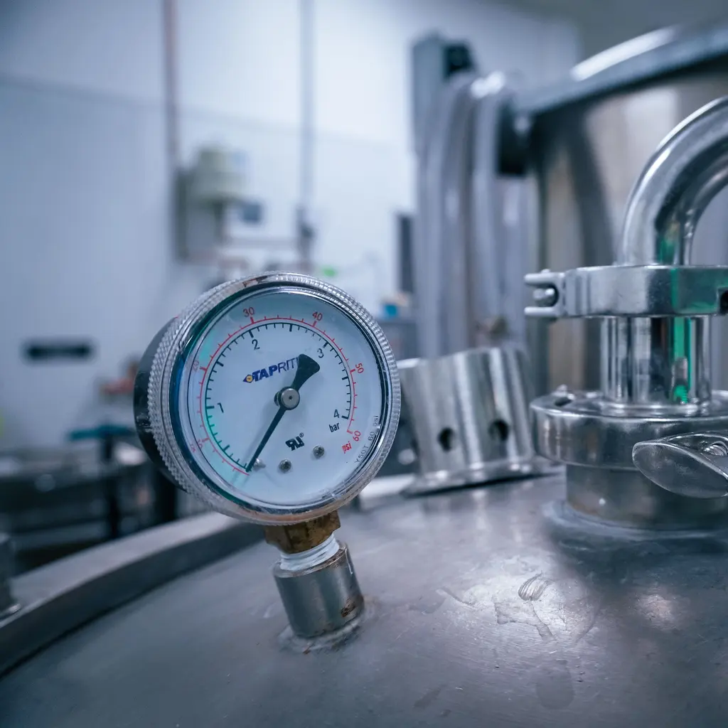 A pressure gauge and clamped pipe connection on a stainless-steel industrial tank.