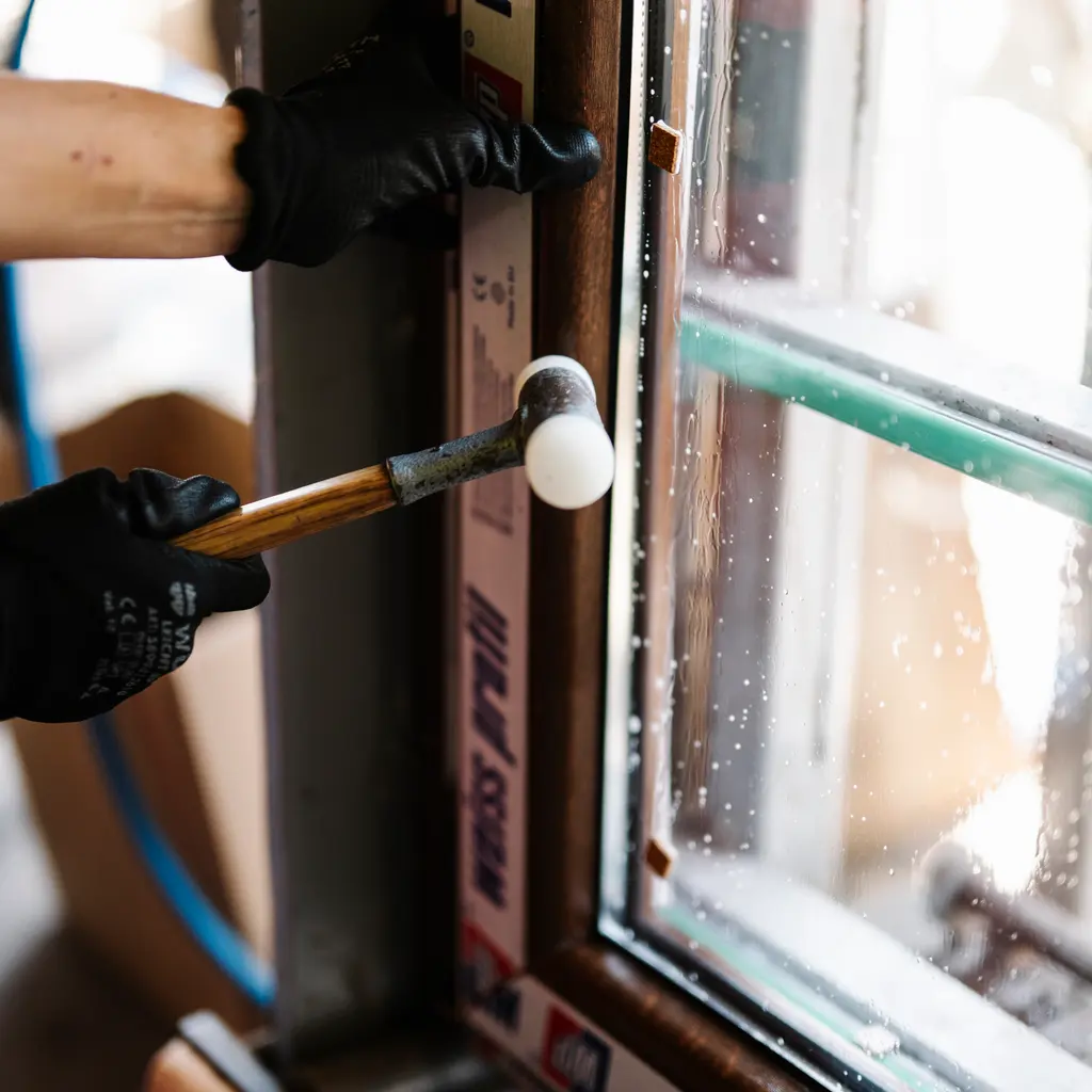 Gloved hands using a rubber mallet to fit a glazed window frame in a workshop.