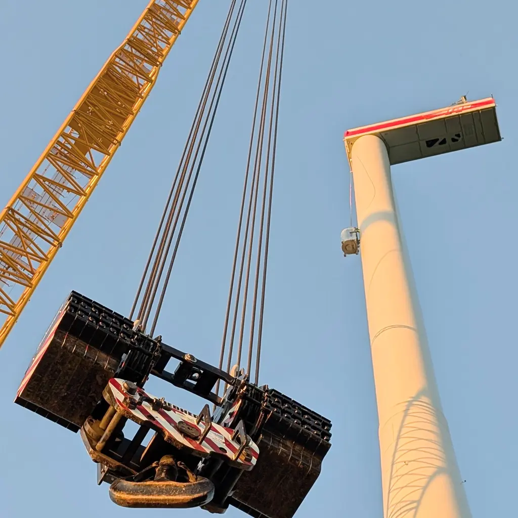 A crane hoisting a heavy wind-turbine component beside an erected tower.