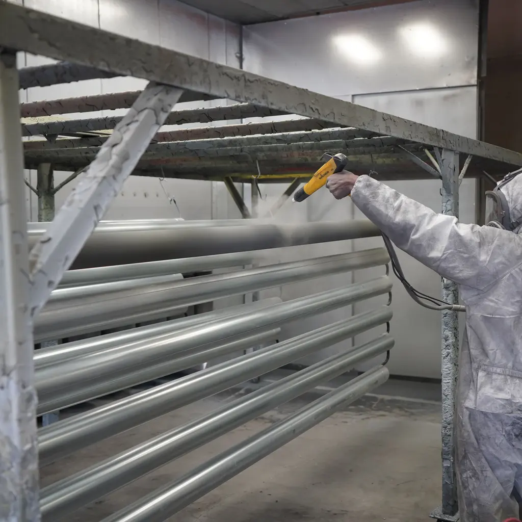 A spray gun applying a powder coating to rows of metal tubes suspended in a coating booth.