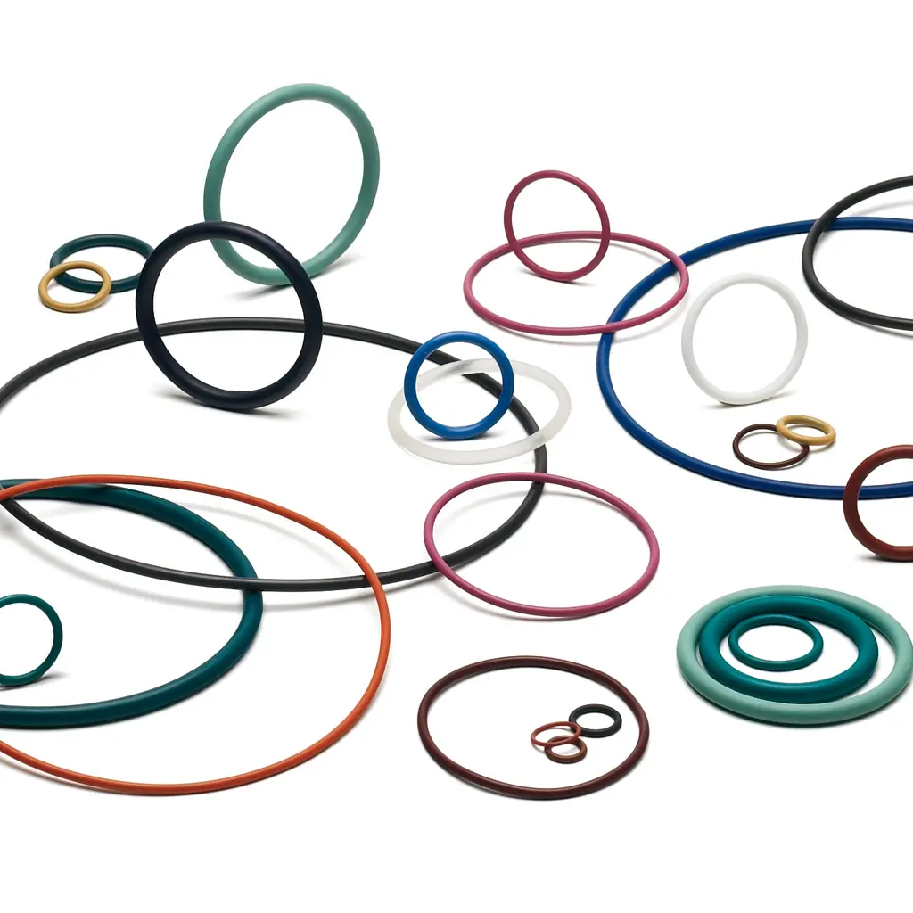 O-ring seals of several sizes and colors arranged against a white background.