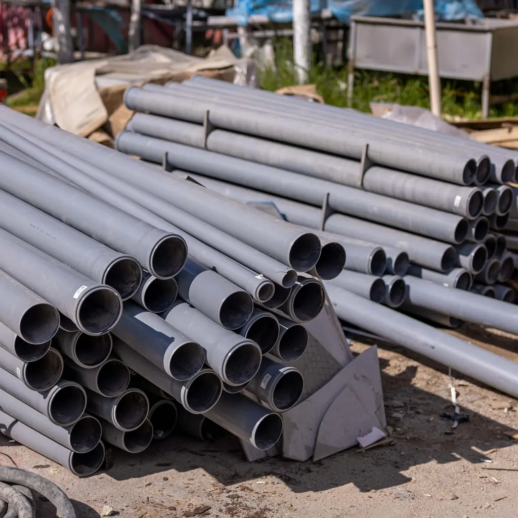 Stacks of gray PVC pipe lengths with their open ends and socket fittings visible.