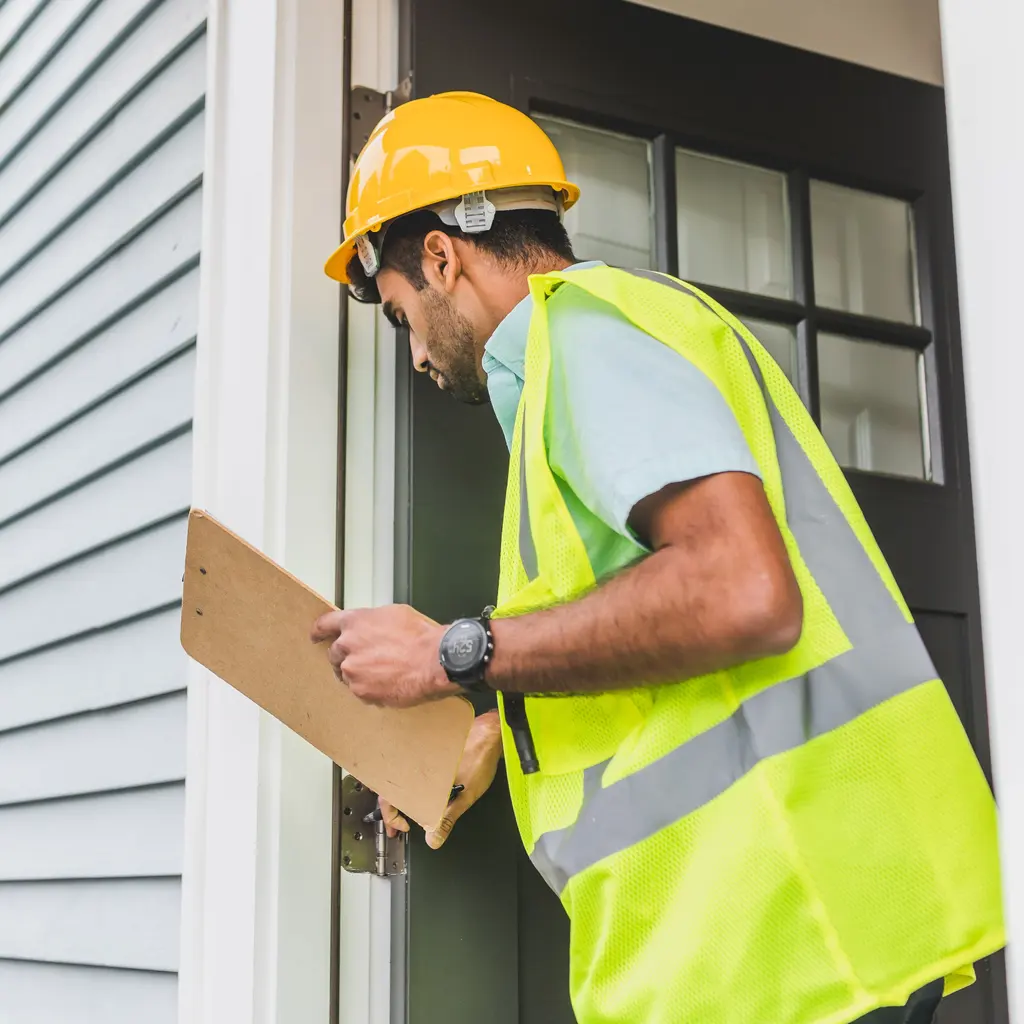 A property inspector checking a house entrance with a clipboard.